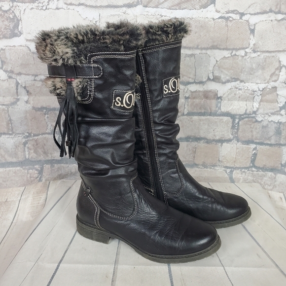 s.Oliver  Winter Tall Leather Boots Lined Faux Fur Black Size 38 - Picture 1 of 16